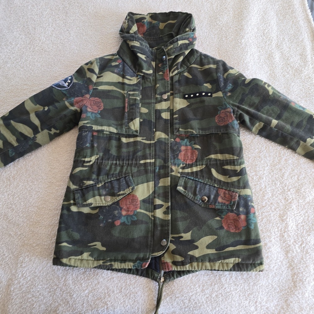 Montana Co Floral Camo Utility Jacket Military Rose Print Zip Snap Embroidered S